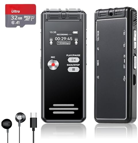 Rigwig Digitales Diktiergerät mit SD-Karte, 32 GB – 3072 Kbps HD Dual-Mikrofon, 2776H Aufnahme, Sprachaktivierung, Wiedergabe, MP3, Passwort, USB, A-B-Wiederholung für Meetings, Vorträge, Interviews