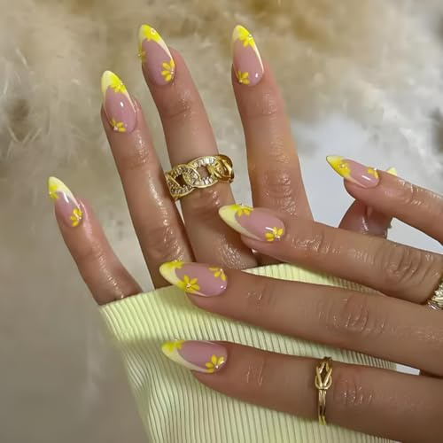24Pcs Almond French Press on Nails with Bright Yellow Daisy Accents - Glossy False Nails Cheerful Design - Fake Short Almond Tip Stick on for Women French Tip Flower