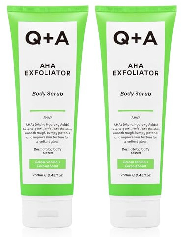 Q+A AHA Exfoliator Body Scrub (250ml x 2), Exfoliating Body Scrub with AHA and Lactic & Glycolic Acid, Smooths Rough Dry Skin, Brightens & Hydrates, Vanilla & Coconut Scent