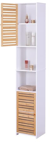 Relaxdays Badezimmerschrank, HxBxT: 190 x 34 x 29 cm, 6 Fächer, Bambus, MDF, hoch, schmal, Bad Hochschrank, weiß/Natur