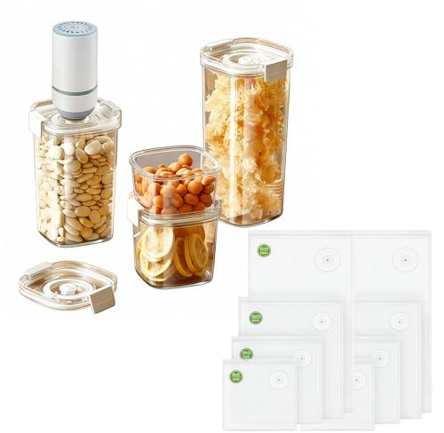 LAZYTAIL 4-Pc Airtight Kitchen Food Containers, Air Tight Food Storage Container Vacuum,BPA-Free Cereal Storage Containers,for Cereal, Flour, Sugar, Includes 8 Reusable Bags+1 vac pack machine