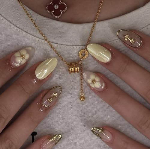 Vanilla Pearl Press On Nails, 24PCS Almond & Oval Shape with Butter Cream Yellow French Tip & Gold Outline - Floral Minimalist Luxe Design for Women's Party, Date Night and Everyday Wear