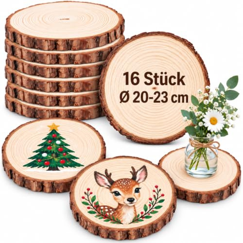 Homewit Natürliche Holzscheiben 20-23 cm Durchmesser, 16 Stück Baumscheiben aus Massivholz, Holzscheibe 2 cm Stärke, Unbehandelte Runde Holz Scheiben für Kreativprojekte, Basteln & Persönliche Deko