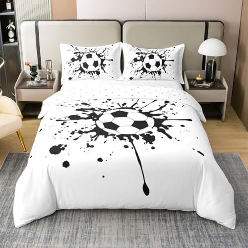 Homewish Fussball Jungen Bettwäsche 155x220 Baumwolle Fussball 3D Druck Tuschemalerei Bettwäsche Set Sport Motive Sportbegeisterte Kinder Jugendliche Bettbezug Moderner Minimalismus Bettset Raumdekor