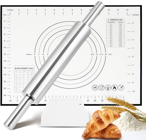 RNHDLY 3 Stück Nudelholz Edelstahl Set, 43cm Groß Antihaft Teigroller | Nudelholz Teigroller mit Backmatte Silikon, Teigschaber, Backzubehör Rolling Pin für Pizza, Nudelteig, Kekse, Teigtaschen