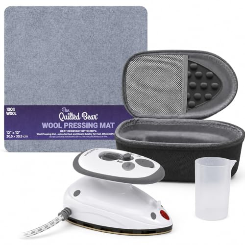 The Quilted Bear Premium Mini Iron and Wool Pressing Mat Bundle, Black | Small Steam Iron, 12x12 inch Pressing Mat, Silicone Iron Rest, Hardshell Case for Quilting, Patchwork, Applique and Travel