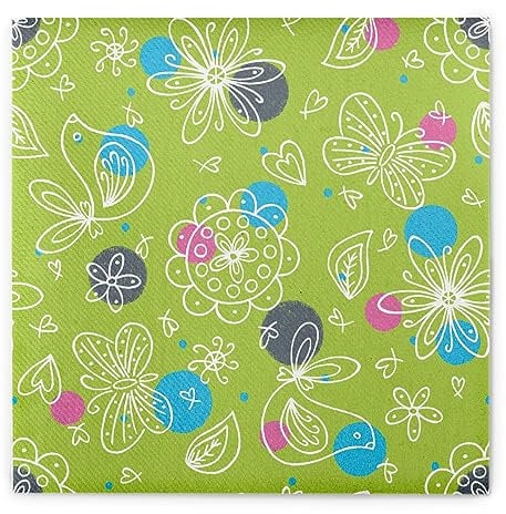 Sovie HOME Serviette PETRA aus Linclass Airlaid, 40 x 40cm, 12 Stück, verspieltes Design mit Blüten und Schmetterlingen in Türkis Violett Grau auf Grün, Party, Tischdeko