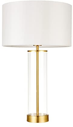 National Lighting Aurora Modern Brushed Gold Touch Dimmable Touch Sensitive Control Bedside Table Lamp with White Fabric Shade and Clear Glass Base