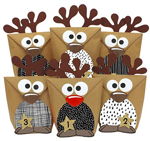 Papierdrachen DIY Adventskalender 2024 zum Befüllen - Rentiere mit schwarz-weißen Bäuchen zum selber Basteln - 24 Tüten zum individuellen Gestalten und zum selber Füllen - Weihnachten für Kinder
