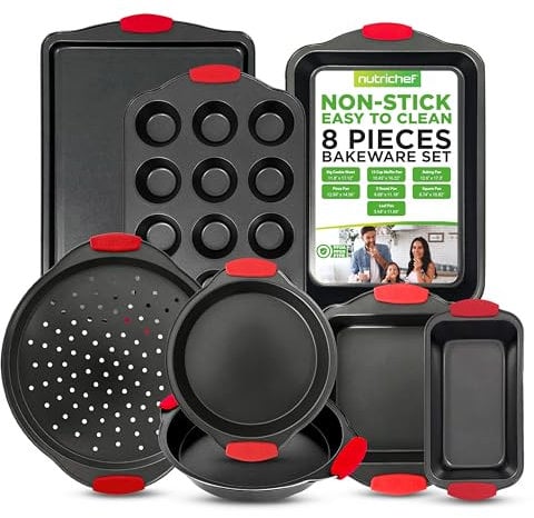 NutriChef 8-teiliges Backform Set Antihaftbeschichtet, Springform Set Spülmaschinengeeignet & Stapelbar, inkl. Muffinblech, Pizzablech, Springform & Co, Backset für Backofen, PFOA-, PFOS- & PTFE-frei