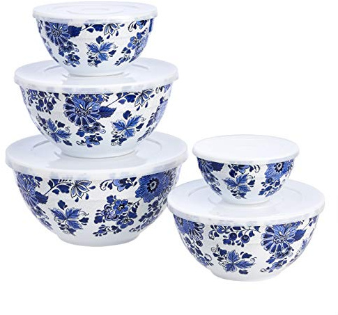 Amazon Basics Mixing Bowls with Lids, Nesting Melamine Serving Bowls, Non-Slip Base, BPA Free, Dishwasher Safe, 5 Sizes, Blue and White Floral, Set of 10