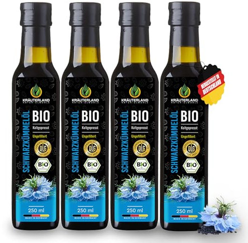 Kräuterland Bio Schwarzkümmelöl 4X250ml (1Liter), ungefiltert, hoher Thymoquinon, Omega Fettsäuren, ohne Zusatzstoffe, kaltgepresst, vegan, mild, mühlenfrisch aus unsrer hessischen Ölmühle