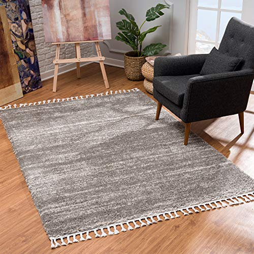 MyShop24 Teppich Wohnzimmer Shaggy - Grau Meliert 140x200cm - Deko Schlafzimmer Hochflor mit Fransen Flauschig - Oeko Tex 100 Standard - Allergiker geeignet