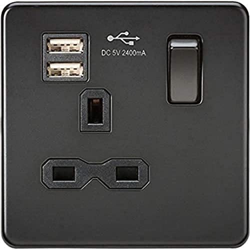 Screwless Single Switched Socket with Dual USB Charger in Matt Black