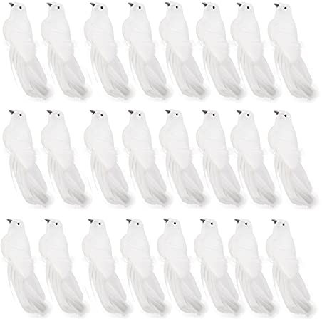 RTWAY 24 palomas blancas con clip, adorno para árbol de Navidad, pájaros artificiales, manualidades, para árbol de Navidad, corona, decoración de boda, 13,5 x 5 cm