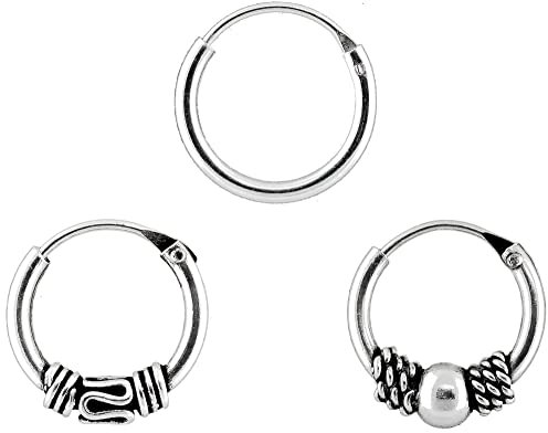 ENTREPLATA Ohrringe aus 925er-Sterlingsilber für Damen Mädchen Herren Jungen Unisex drei Kreolen zwei Bali-Creolen 12 und 10 mm und ein glatter Ring von 12 mm.