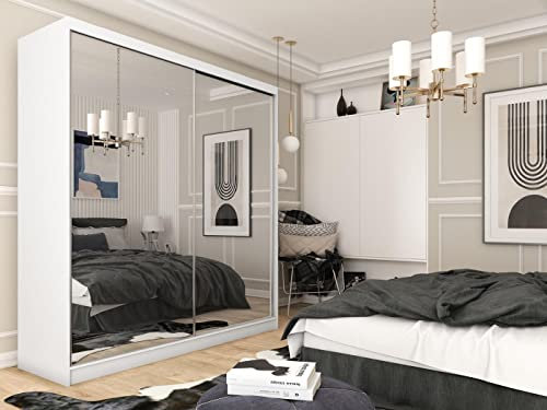 WFL GROUP Moderner Kleiderschrank Schwebetürenschrank Weiß mit Spiegel 120 150 180 200 cm - Weiß Matt Kleiderschrank für Schlafzimmer mit Schiebetüren - Kleiderstange - 200 cm - Weiß