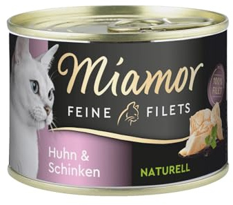 MIAMOR - Feine Filets Naturelle | Nassfutter für ausgewachsene Katzen mit Filetstückchen im eigenen Saft. Fettarmes Ergänzungsfutter in der Dose ohne künstliche Zusätze | 12x156g Huhn & Schinken