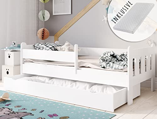 Kids Collective Kinderbett 90x200 | 80x180 | 80x160 cm mit Matratze, Schublade, Rausfallschutz & Lattenrost in weiß 90x200 cm Mädchen Jungen Bett | von 4. bis 18. Lebensjahr
