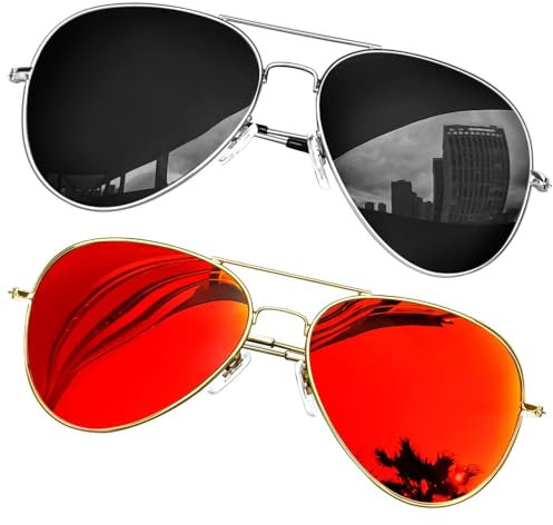 KANASTAL Lunettes de Soleil Homme et Femme Polarisées UV400 Lunette de Soleil Alliage Al-Mg Premium Rétro 2 Paires Noir Argent et Rouge Orange