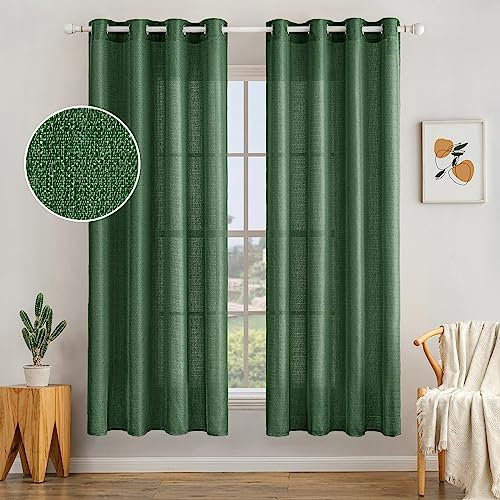 MIULEE 2er Set Voile Vorhang Sheer Leinenvorhang mit Ösen Transparente Unregelmäßige Textur Gardine Lichtdurchlässig für Schlafzimmer 145 x 140cm (H x B) Dunkel Grün