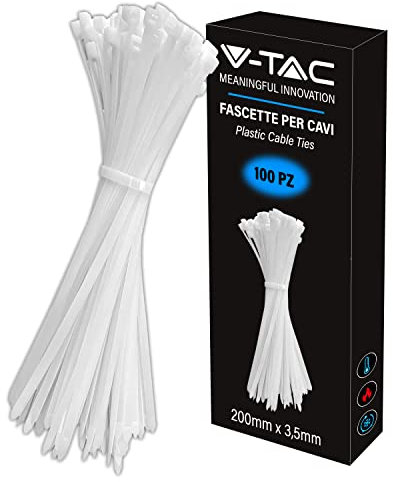V-TAC Fascette per Cavi in Plastica misura 2.5 mm x 200 mm - Confezione 100 Pezzi - Fascette per Cablaggio Multiuso - Stringicavo Portacavi Fermacavi per Elettricista, Meccanico, Giardinaggio - Bianco