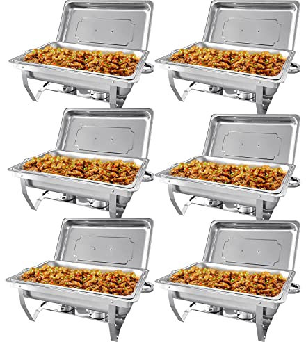 PRIJESSE Chafing Dish, Buffet Serving Utensils, Rectangle Stainless Steel Food Warmer Kit with Lids Food Pans Bain Maries and Fuel Holders for Restaurant Catering Parties Weddings (6 Pack)