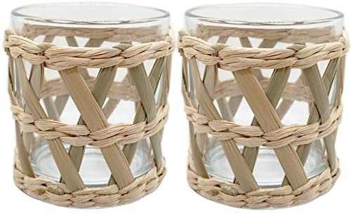 Rattan Gewebter Teelichthalter 2er Set - Natürliches Seegras handgewebte Votiv-Teelichthalter, dekorativer Küsten-Stil, Boho, Strandhaus, Votivkerzenhalter für Esstisch, Küche