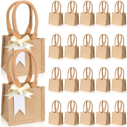 Silkfly 20 Pcs Mini Burlap Jute Tote Bags with Handle Small Blank Reusable Market Grocery Bags Bridesmaids Wedding Gift(Classic,7.99 x 7.99 x 5.98 Inches)