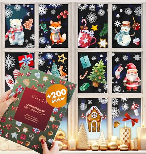 200 Fensterbilder Weihnachten - Weihnachtsdeko Fenster Selbstklebend - Große Fensterbild für Kinder - Aquarell Weihnachtsdeko für Weihnachten Fenster - Weihnachts Fensterbilder XXL