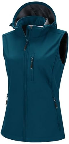 33,000ft Damen Softshell Westen mit Abnehmbare Kapuze Fleece Gefütterte Ärmellose Jacke Wasserdichte Winddichte Sportwesten Vest mit 5 Taschen für Reiten Laufen Wandern Keramik Blau M