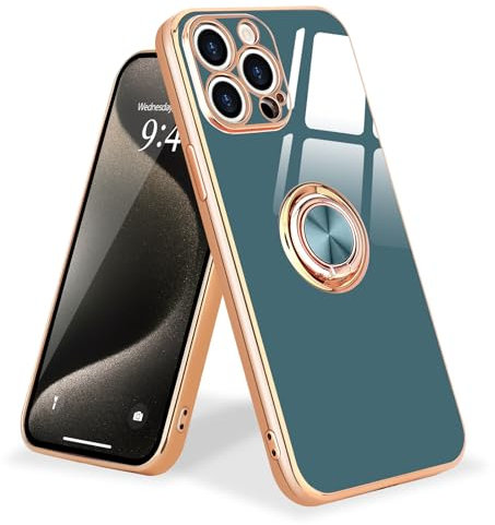 Urarssa for iPhone 15 Pro Case with Ring Holder 360 Degree Rotation Finger Magnetic Car Stand Case Shockproof Plating Silicone Phone Cover for iPhone 15 Pro, Grey
