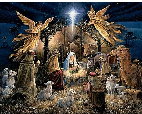 Bits and Pieces - 200 Piece Jigsaw Puzzle Age 8+ for Seniors - 15 x 19 - in The Manger - 200 pc Large Lettered Pieces Christmas Religious Jigsaw by Artist Ruane Manning