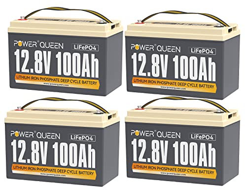 Power Queen Batterie 12V 100Ah LiFePO4(Pack de 4), Rechargeable Batterie avec 100A Protection BMS et 4000-15000 Cycles Profonds, sans Entretien Parfait pour Camping-Car, Système Solaire, pour RV