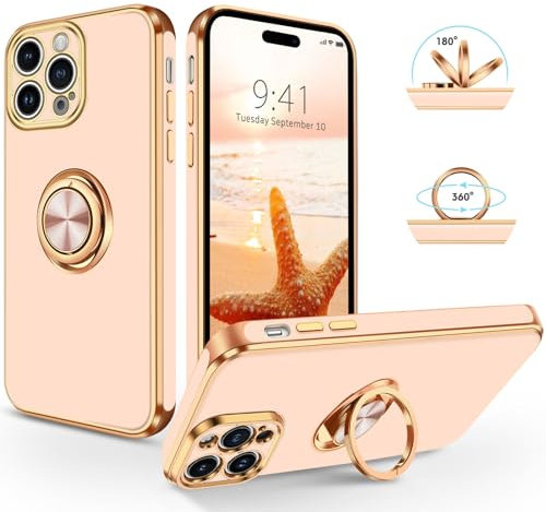 SouliGo iPhone 15 Pro Hülle, iPhone 15 Pro Handyhülle Slim weiche TPU Silikon Case Cover mit 360 Grad Ring Halter Ständer stabil Kratzfest Hülle für iPhone 15 Pro 6.1'' Pink Gold