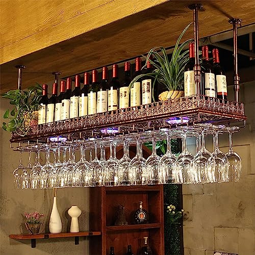 ANram Decken-Weinglasregal mit Licht – hängendes Weinregal mit Glashalter, Metall-Deckenregal, Becher- und Stielglasregale, Tassenregale, für Bar, Café, Küche, Restaurant