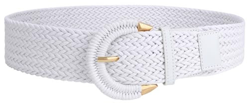 SUOSDEY Rattan-Flechtgürtel für Damen, breiter Taillengürtel für Kleider, gewebter Boho-Gürtel mit halbkreisförmiger Schnalle weiß