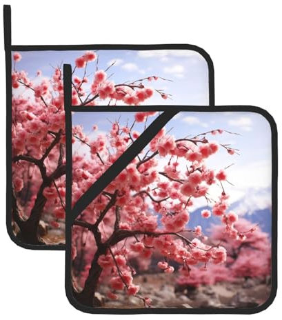 GHZQJFD Topflappen, hitzebeständig, für Küche, rutschfest, für Ofen, heiße Pads, Kirschbaum, wasserdicht, waschbar, Untersetzer zum Kochen, Backen, 20,3 x 20,3 cm, 2 Stück