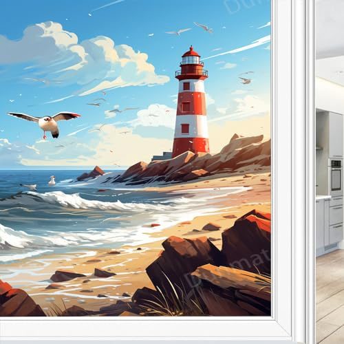 Aquarell Leuchtturm Sichtschutz Fensterfolie nautische Natur Ozeanlandschaft statisch haftende Fensterfolie Home Fenster Glas dekorative Türabdeckung Sonnenblockierung 70 x 100 cm