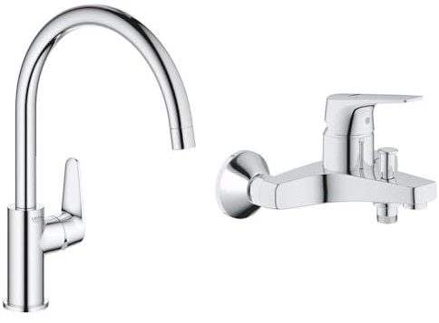 GROHE Mitigeur monocommande évier de cuisine Start Curve, chromé, 31554001 (Import Allemagne) & Mitigeur monocommande Bain Douche Start Flow, robinet à montage mural, raccord fileté