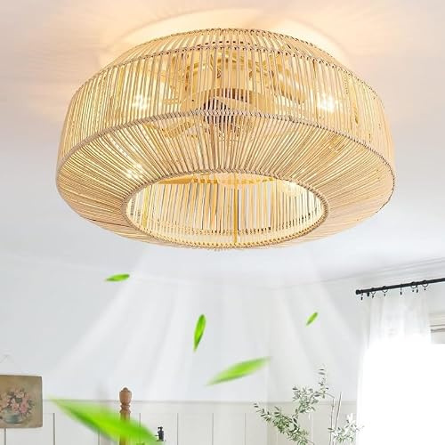 AHQX Ventilador de techo de bambú trenzado a mano con luz y mando a distancia, motor silencioso, diseño vintage, para salón, dormitorio, cocina y comedor (E27, bombillas no incluidas)