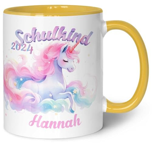 GRAVURZEILE Taza personalizada para niños – Unicornio mágico – Personalizado con nombre – Regalo para niñas para la escolarización para el regreso a la escuela – Amarillo