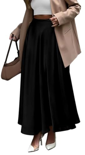EMOTTOS Black Maxi Long Skirt, Summer Satin Women's Silk Summer Plain Elasticated High Waist, Large Hem Soft Drape Stretch Casual Slim Skirt, Black L