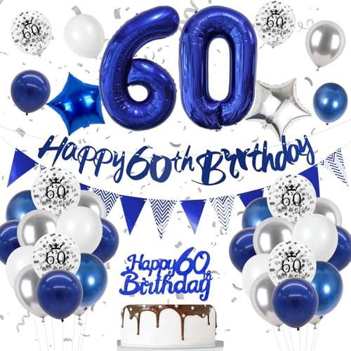 60. Geburtstag Deko Nacht Blau, Luftballon Deko 60. Geburtstag Frau Mann, Geburtstagsdeko 60 Jahr, Blau Folienballon 60, Blaus Silber Luftballons 60 Jahr mit Banner Topper für Party Dekoration
