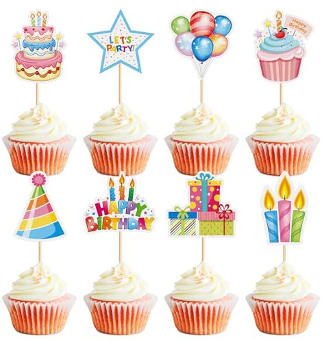 Blumomon 24 Stück Cupcake Topper bunte Papier kuchen Dekorationen für Party, Kinder Geburtstags Kuchen Toppers Geburtstagshut, Kerzen, Ballons Kuchen Dekoration