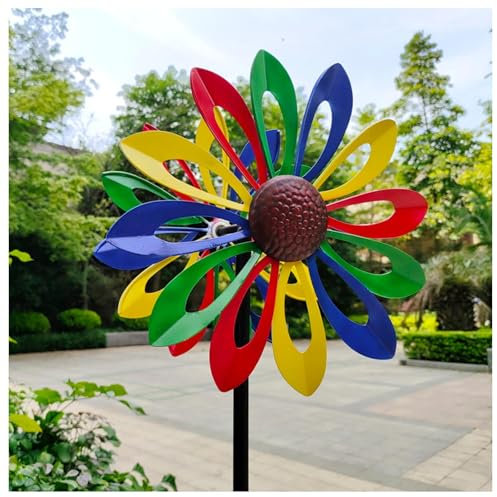 MeLtor Windrad Metall Garten Doppelwindrad mit gegenläufigen Rotoren,174CM, Wind Spinner Für Windmühle für Rasen Garten Hof Dekoration,Colorful