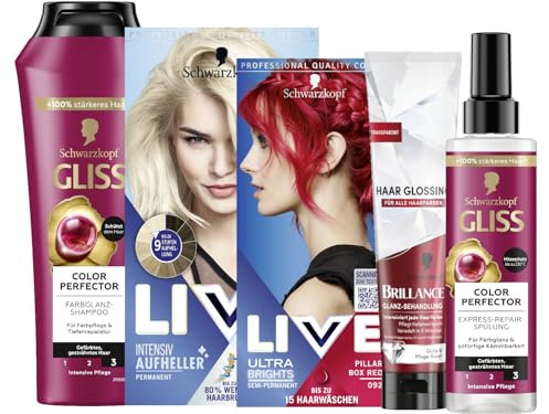 Schwarzkopf LIVE Ultra Brights PROFI-SET mit Haartönung 092 Pillar Box Red & Aufheller Max Blonde 00B & GLISS Shampoo & Express-Repair-Spülung Colour Perfector & BRILLANCE Haar Glanz Glossing Neutral