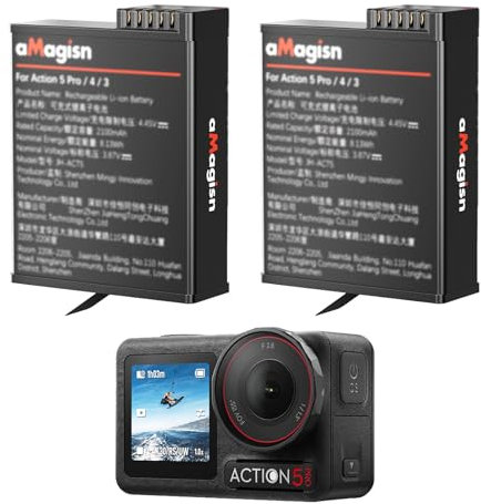 Tuvzylory Enduro Lot de 2 batteries Li-ion rechargeables pour DJI Osmo Action 5 Pro/Action 4/Action 3, 2100 mAh, compatibles avec conditions de froid