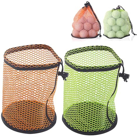 2 PCS Golf Ball Bag, Golf Ball Storage Bags Nylon Mesh Accessories Pouch | Drawstring Cord Lock Design, Closure Each Hold 25 Balls, for Courses, Shcool, Training, Camping (Orange, Green)