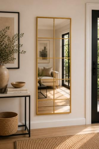 MirrorOutlet The Fenestra - Gold Modern Window Full Length Leaner/Wall Mirror 59 x 24 150 x 60cm Silver Mirror Glass with Black Metal Frame.